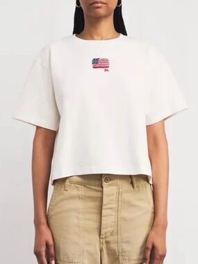 Polo Ralph Lauren White Embroidered American Flag Tee Shirt 100% Cotton